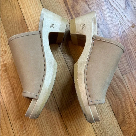 No. 6 Tan Daria Leather Mules Classic Wooden Clogs 38 8 - Picture 2 of 6
